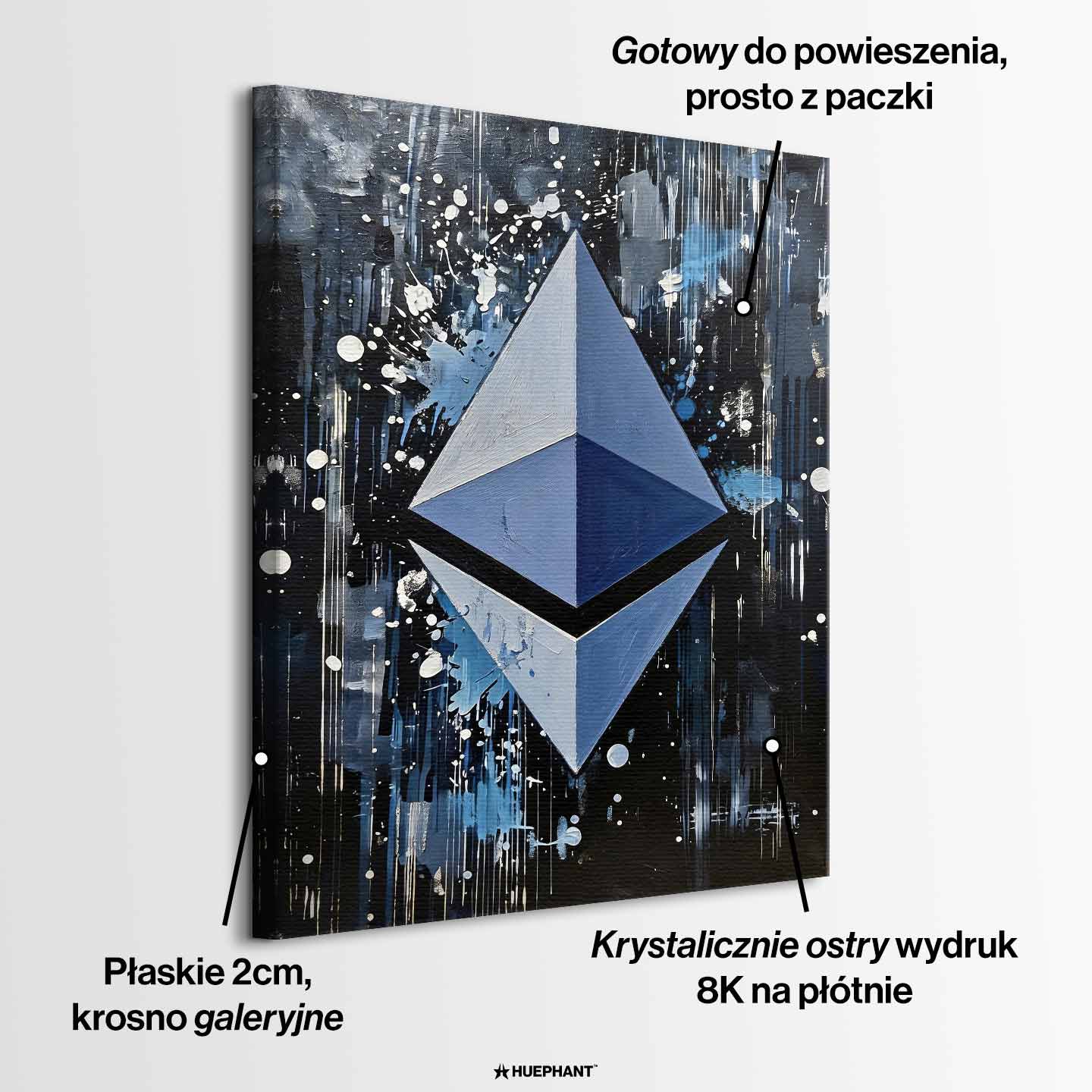 Obraz na płótnie Ethereum Splash, wydruk galeryjny. Sztuka nowoczesna przedstawiająca trójwymiarowe logo Ethereum na dynamicznym, czarnym tle z farbą.