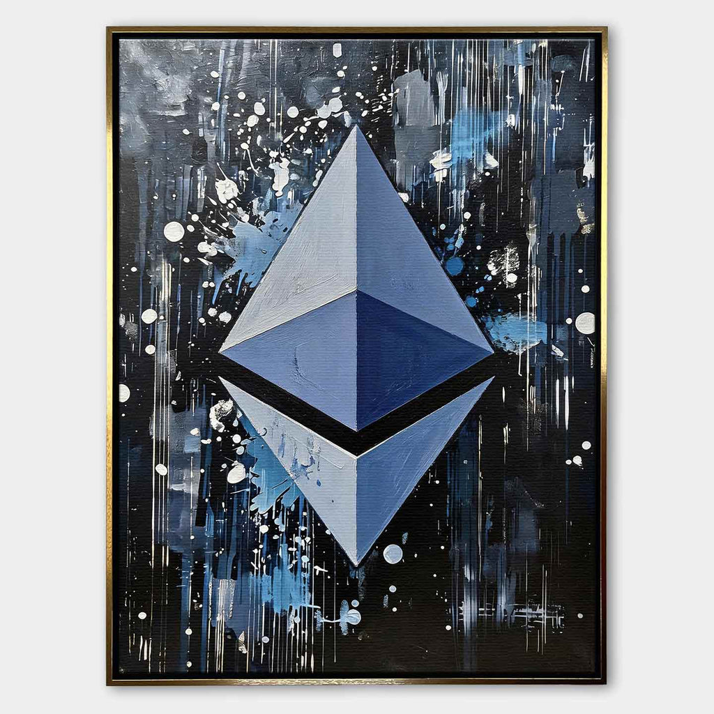 Obraz na płótnie Ethereum Splash, wydruk galeryjny. Sztuka nowoczesna przedstawiająca trójwymiarowe logo Ethereum na dynamicznym, czarnym tle z farbą.