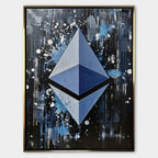 Obraz na płótnie Ethereum Splash, wydruk galeryjny. Sztuka nowoczesna przedstawiająca trójwymiarowe logo Ethereum na dynamicznym, czarnym tle z farbą.