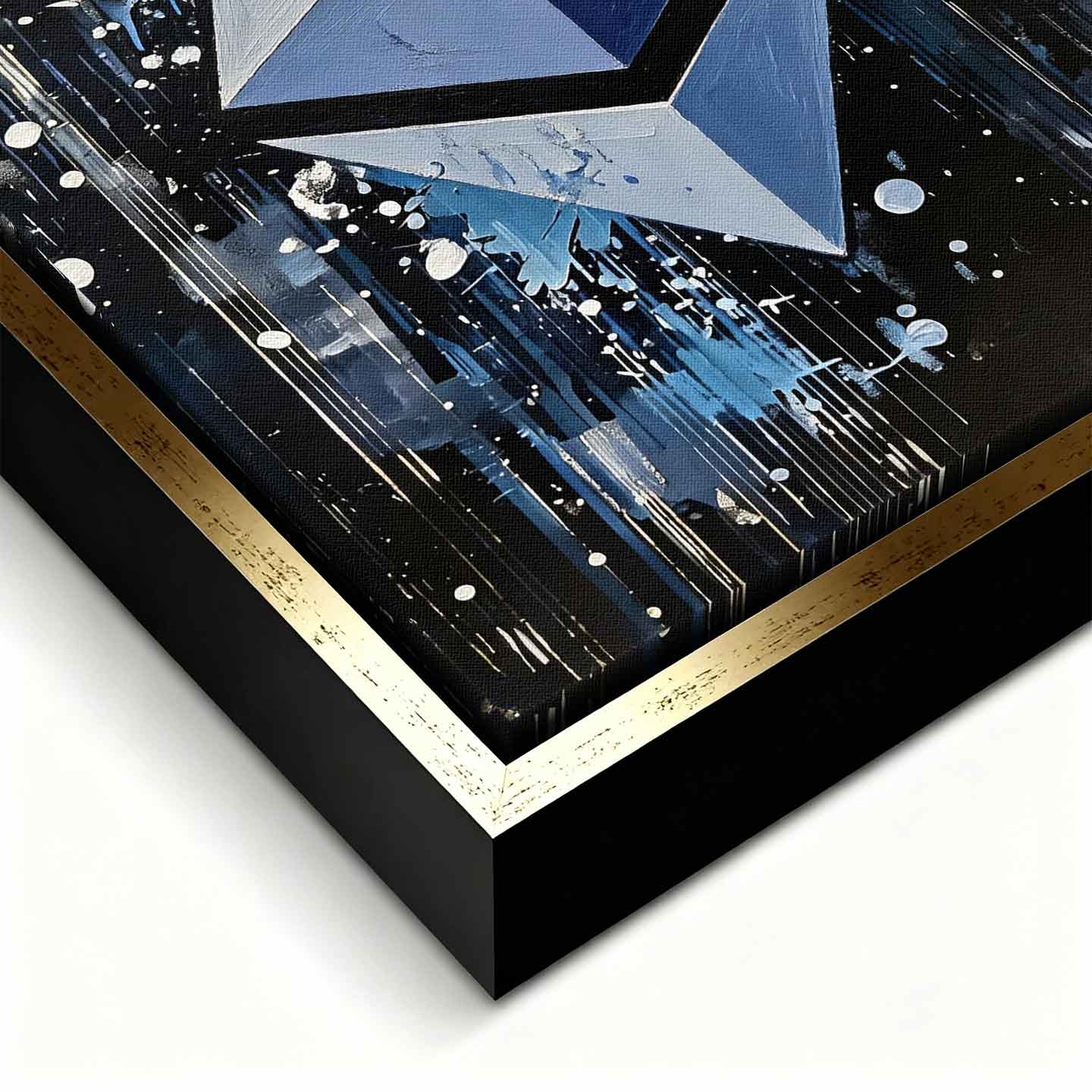 Obraz na płótnie Ethereum Splash, wydruk galeryjny. Sztuka nowoczesna przedstawiająca trójwymiarowe logo Ethereum na dynamicznym, czarnym tle z farbą.