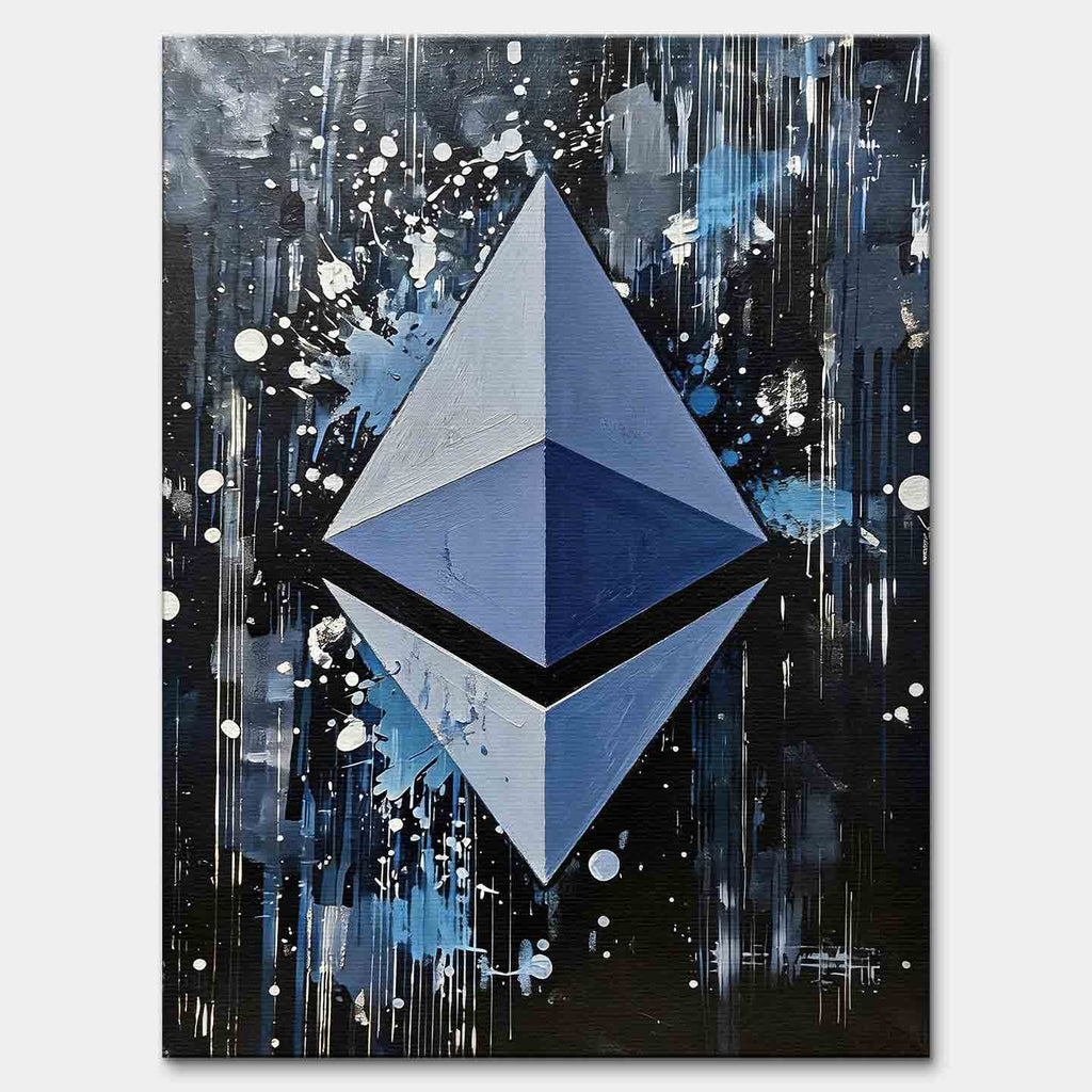 Obraz na płótnie Ethereum Splash, wydruk galeryjny. Sztuka nowoczesna przedstawiająca trójwymiarowe logo Ethereum na dynamicznym, czarnym tle z farbą.