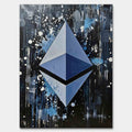 Obraz na płótnie Ethereum Splash, wydruk galeryjny. Sztuka nowoczesna przedstawiająca trójwymiarowe logo Ethereum na dynamicznym, czarnym tle z farbą.