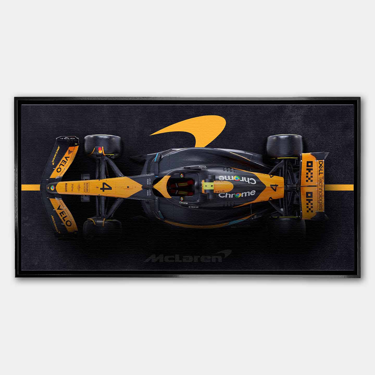 obraz na płótnie f1 mclaren bolid z lotu ptaka pomarańczowo czarny motorsport