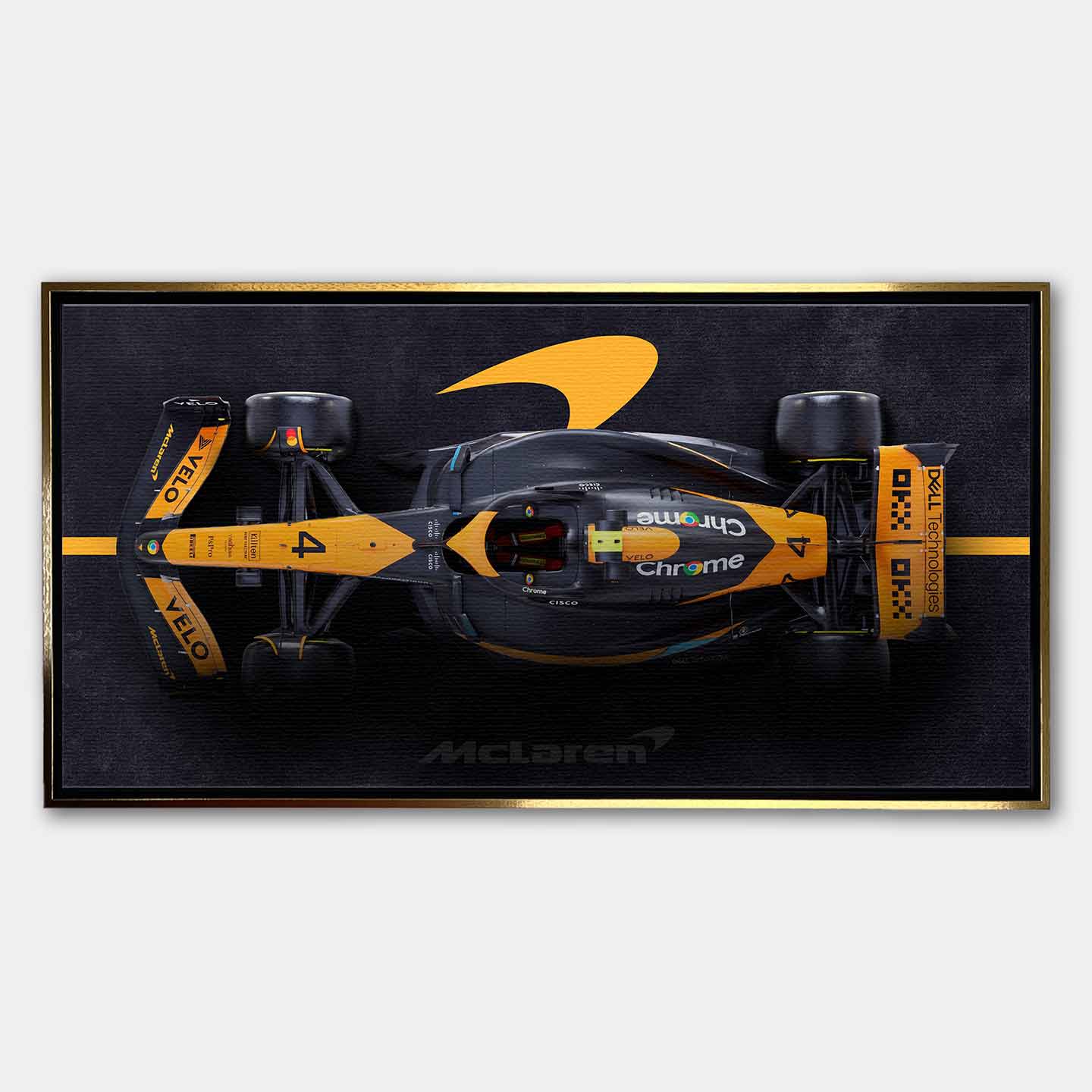 obraz na płótnie f1 mclaren bolid z lotu ptaka pomarańczowo czarny motorsport