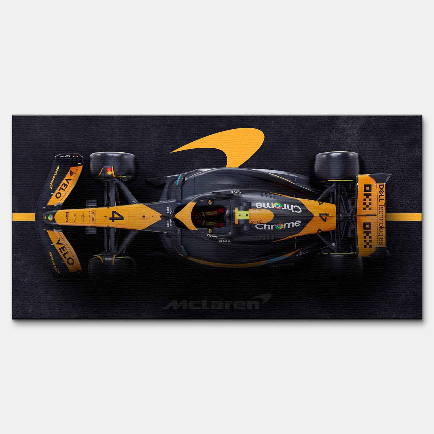 obraz na płótnie f1 mclaren bolid z lotu ptaka pomarańczowo czarny motorsport
