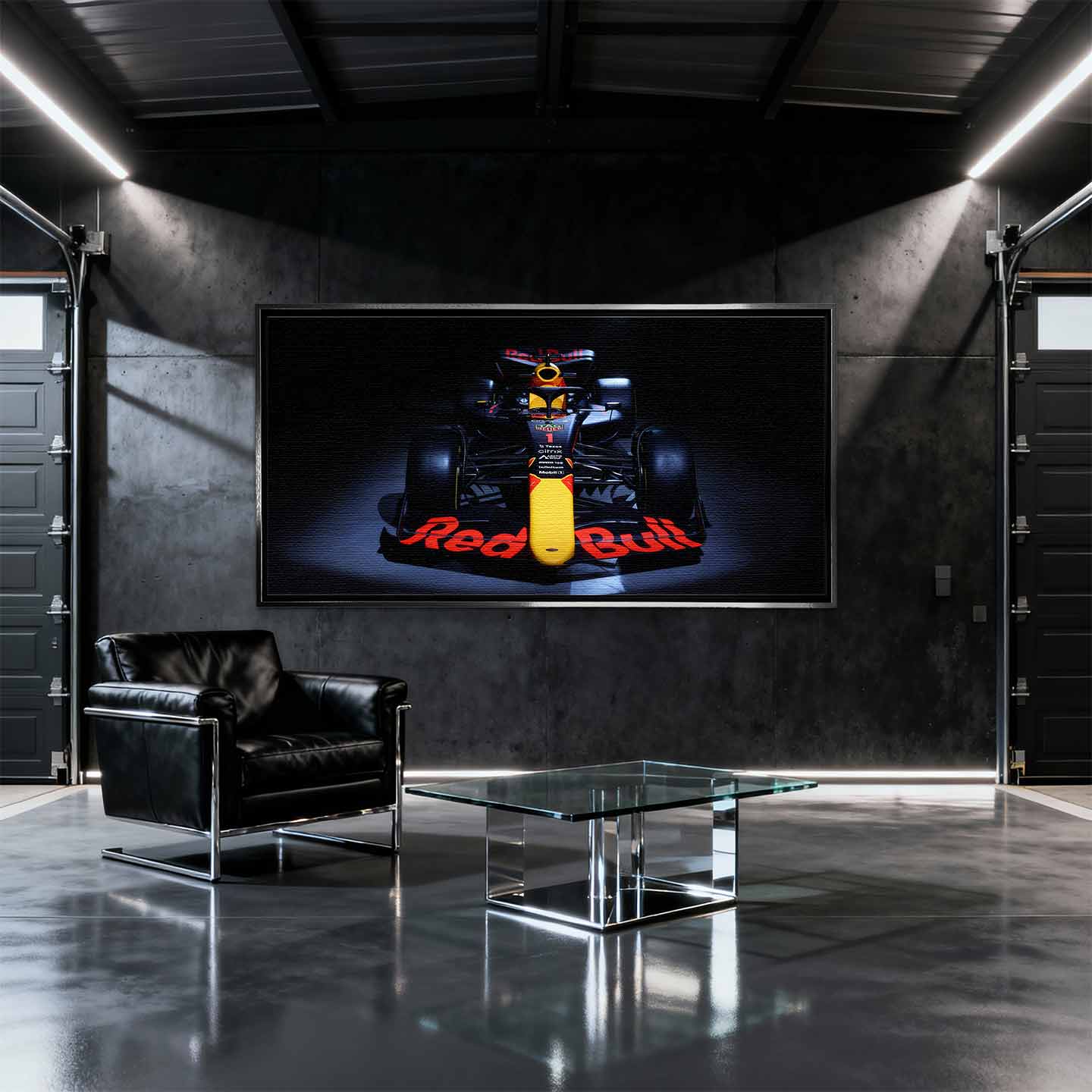 Obraz na płótnie F1 Red Bull – bolid Formuły 1 Red Bull Racing ustawiony frontalnie, dynamiczna czarna kompozycja dla fanów motorsportu.