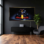 Obraz na płótnie F1 Red Bull – bolid Formuły 1 Red Bull Racing ustawiony frontalnie, dynamiczna czarna kompozycja dla fanów motorsportu.