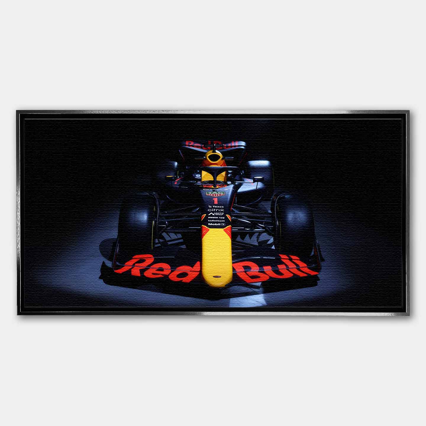 Obraz na płótnie F1 Red Bull – bolid Formuły 1 Red Bull Racing ustawiony frontalnie, dynamiczna czarna kompozycja dla fanów motorsportu.
