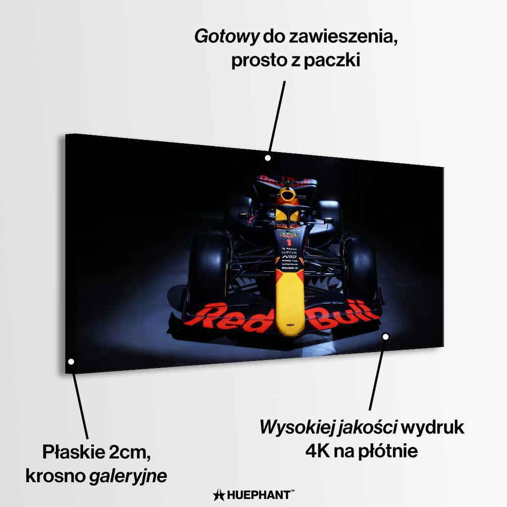 Obraz na płótnie F1 Red Bull – bolid Formuły 1 Red Bull Racing ustawiony frontalnie, dynamiczna czarna kompozycja dla fanów motorsportu.