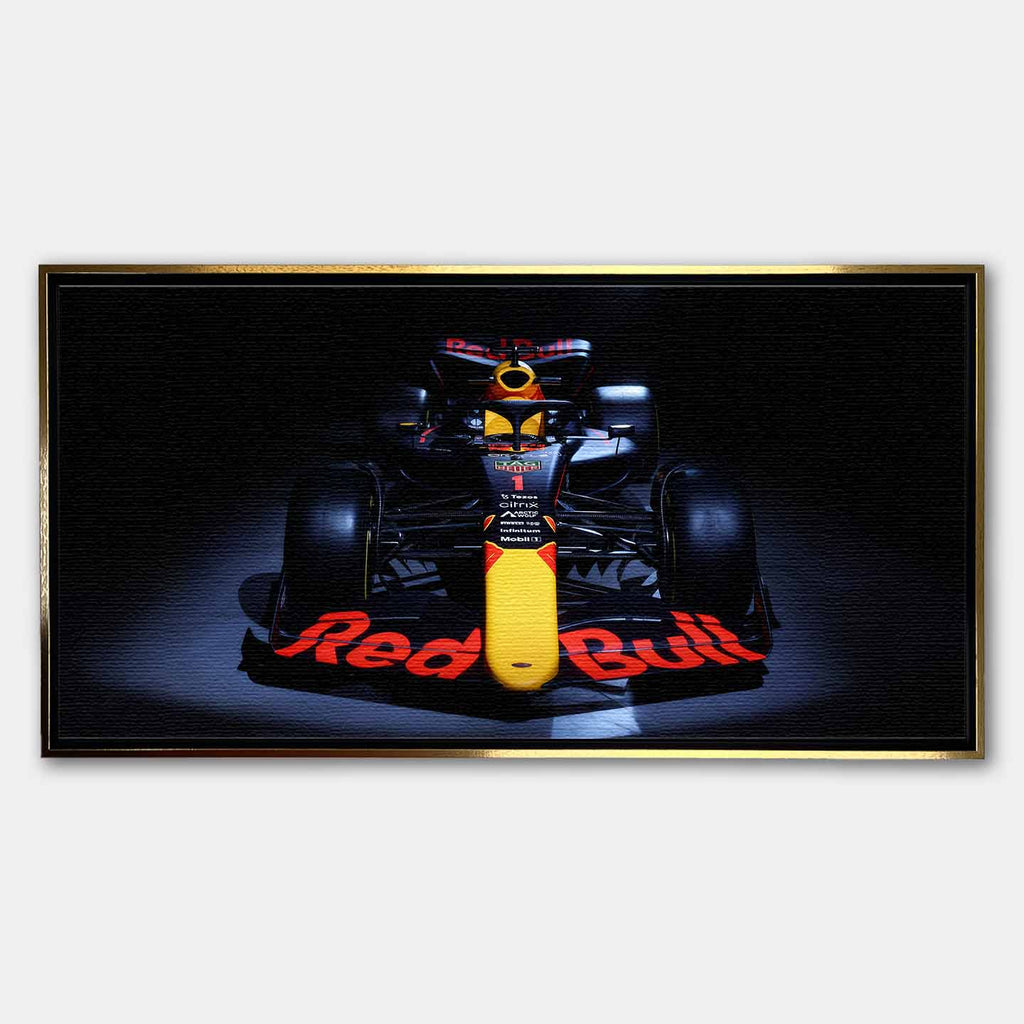Obraz na płótnie F1 Red Bull – bolid Formuły 1 Red Bull Racing ustawiony frontalnie, dynamiczna czarna kompozycja dla fanów motorsportu.