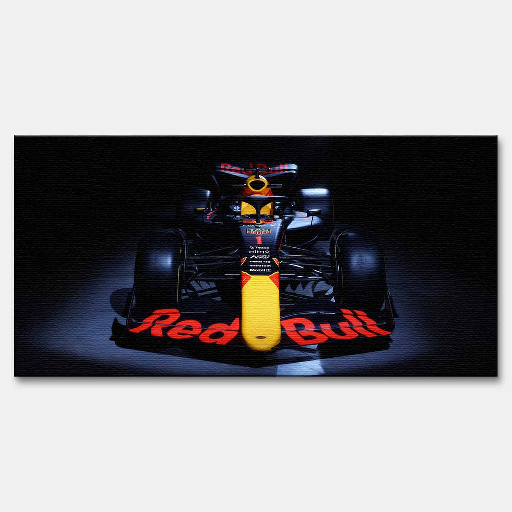 Obraz na płótnie F1 Red Bull – bolid Formuły 1 Red Bull Racing ustawiony frontalnie, dynamiczna czarna kompozycja dla fanów motorsportu.