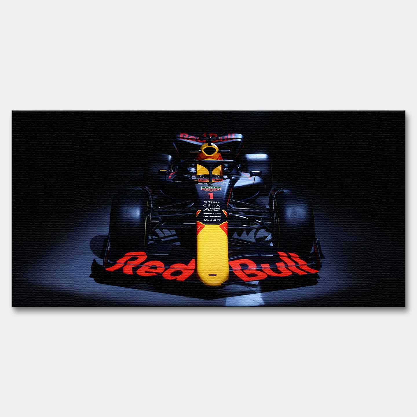 Obraz na płótnie F1 Red Bull – bolid Formuły 1 Red Bull Racing ustawiony frontalnie, dynamiczna czarna kompozycja dla fanów motorsportu.