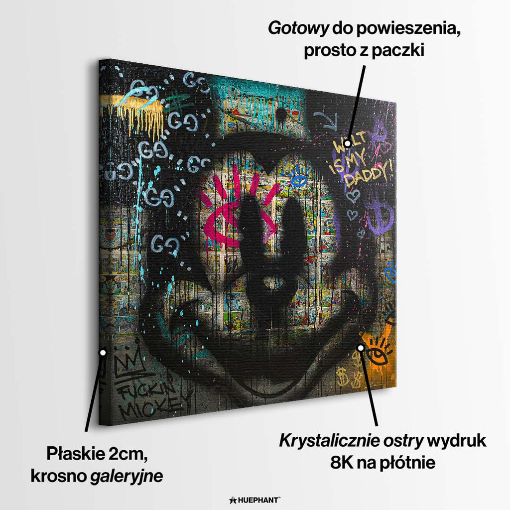 Mroczny obraz na płótnie w stylu graffiti przedstawiający sylwetkę znanej myszki na komiksowym tle. Nowoczesny wydruk galeryjny.