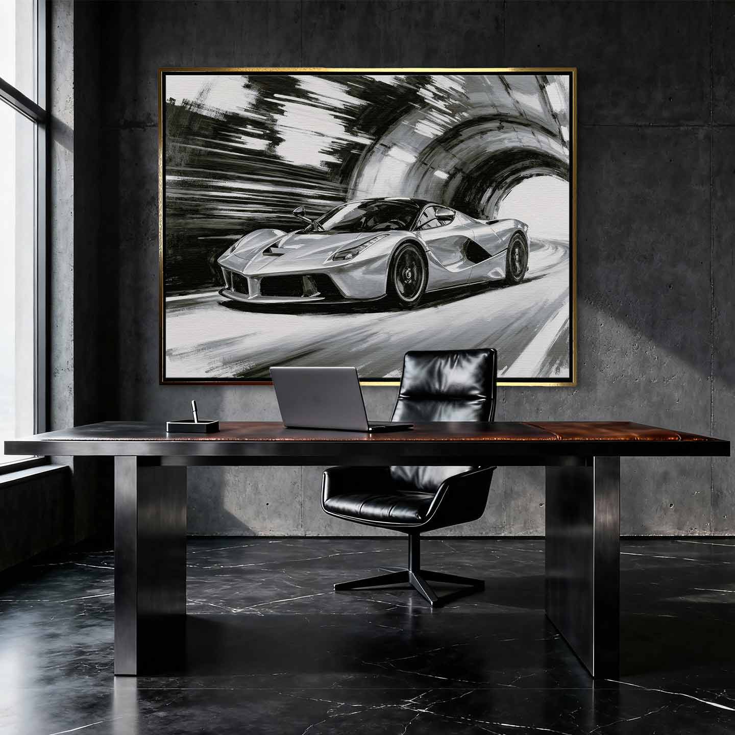 Obraz na płótnie Ferrari LaFerrari – czarno-biała dynamiczna scena supersamochodu jadącego przez tunel, sztuka do biura lub wnętrza pasjonata motoryzacji.