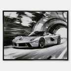 Obraz na płótnie Ferrari LaFerrari – czarno-biała dynamiczna scena supersamochodu jadącego przez tunel, sztuka do biura lub wnętrza pasjonata motoryzacji.