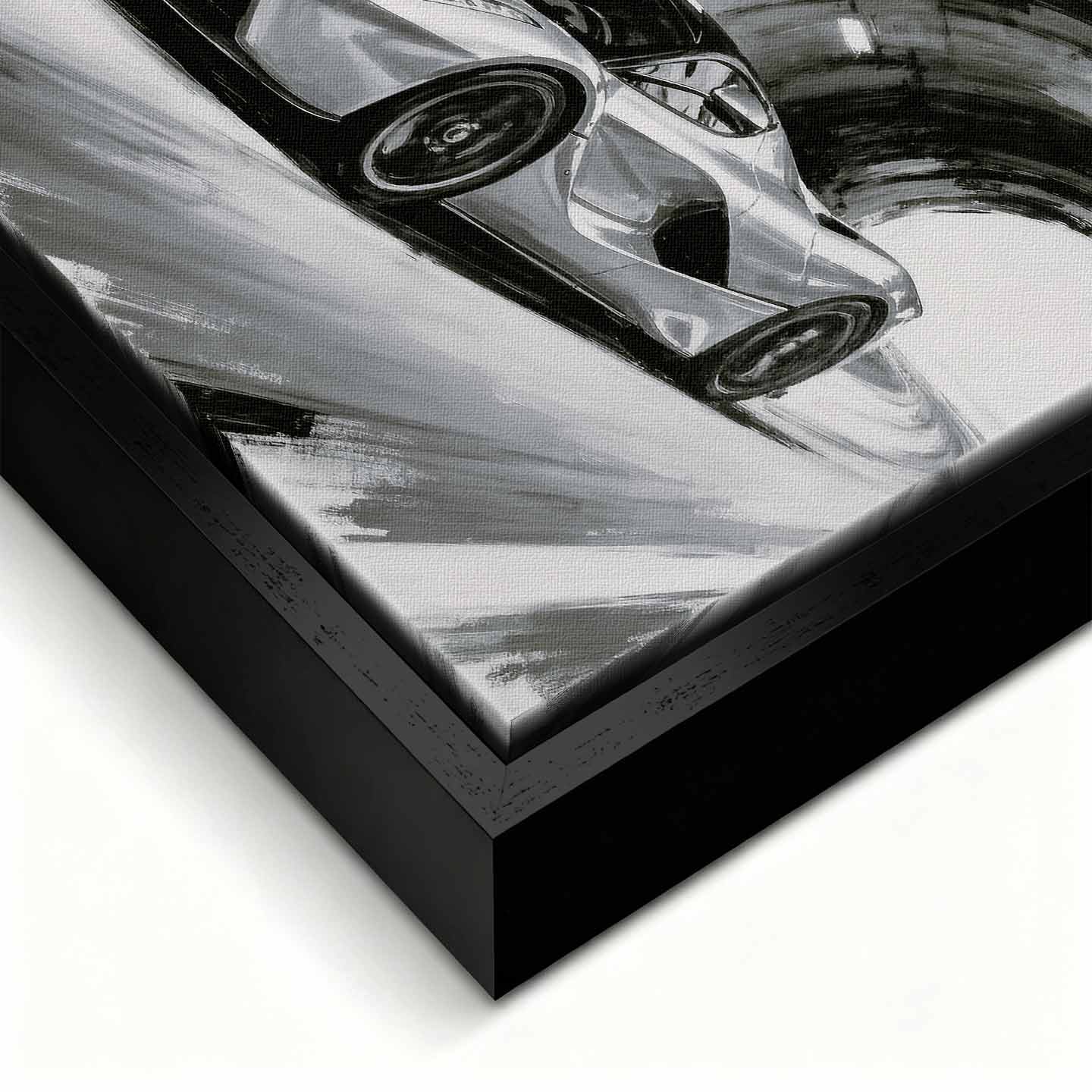 Obraz na płótnie Ferrari LaFerrari – czarno-biała dynamiczna scena supersamochodu jadącego przez tunel, sztuka do biura lub wnętrza pasjonata motoryzacji.