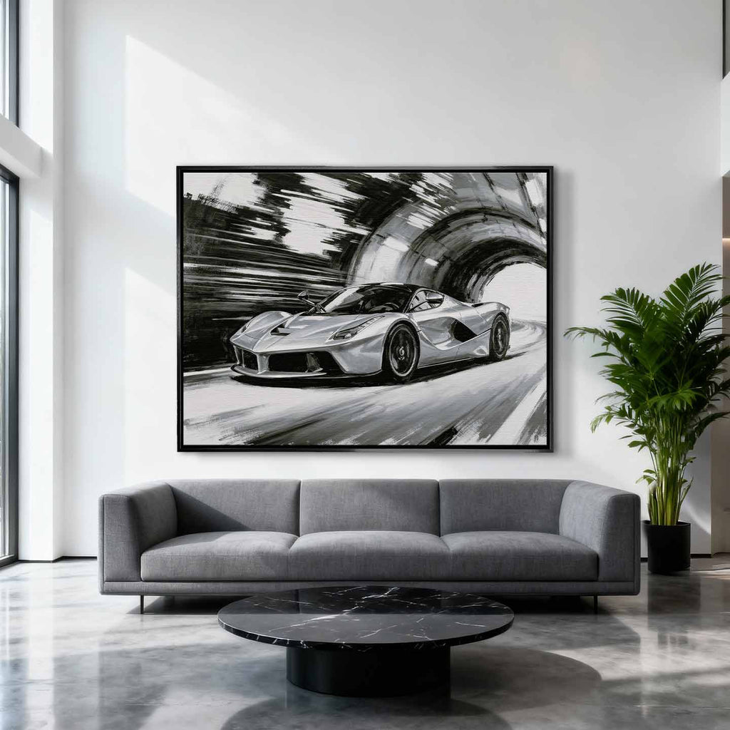 Obraz na płótnie Ferrari LaFerrari – czarno-biała dynamiczna scena supersamochodu jadącego przez tunel, sztuka do biura lub wnętrza pasjonata motoryzacji.