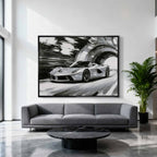 Obraz na płótnie Ferrari LaFerrari – czarno-biała dynamiczna scena supersamochodu jadącego przez tunel, sztuka do biura lub wnętrza pasjonata motoryzacji.