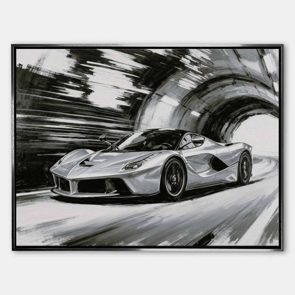 Obraz na płótnie Ferrari LaFerrari – czarno-biała dynamiczna scena supersamochodu jadącego przez tunel, sztuka do biura lub wnętrza pasjonata motoryzacji.