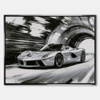 Obraz na płótnie Ferrari LaFerrari – czarno-biała dynamiczna scena supersamochodu jadącego przez tunel, sztuka do biura lub wnętrza pasjonata motoryzacji.