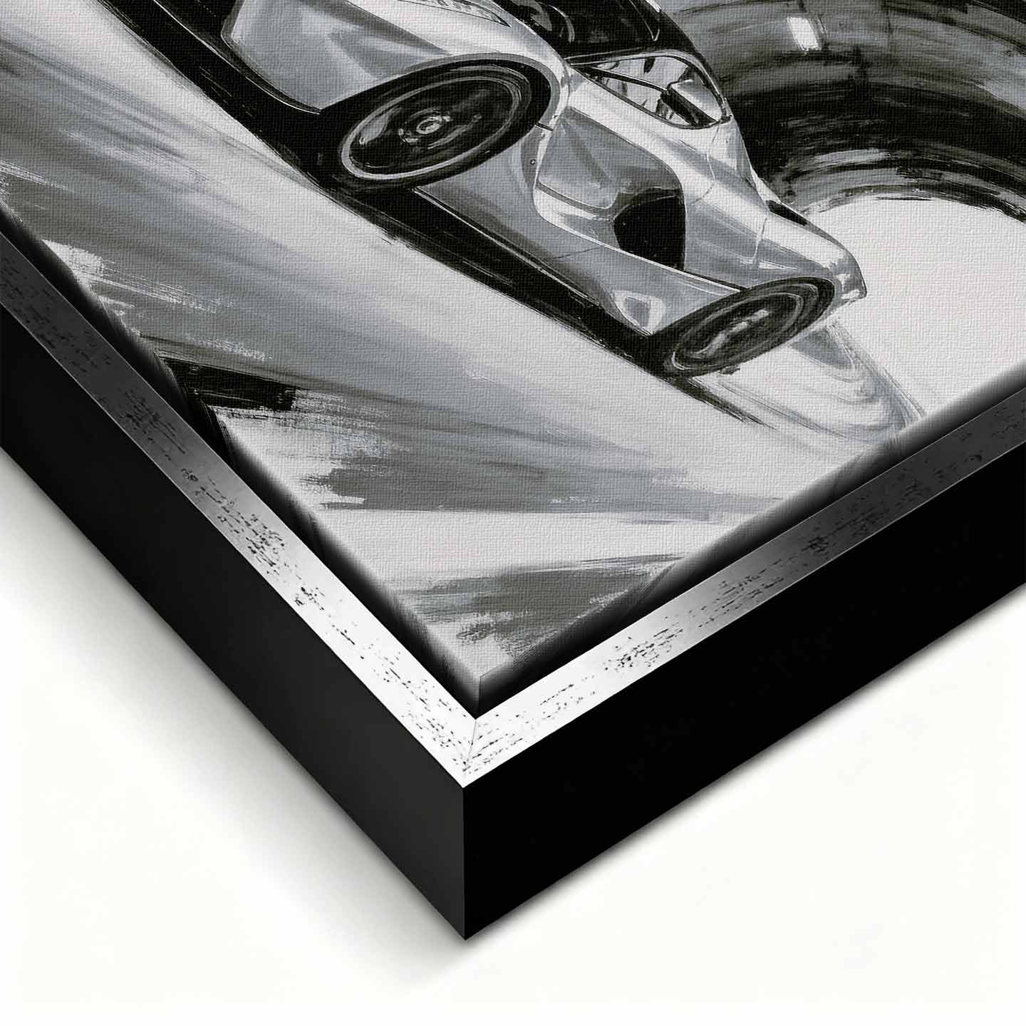 Obraz na płótnie Ferrari LaFerrari – czarno-biała dynamiczna scena supersamochodu jadącego przez tunel, sztuka do biura lub wnętrza pasjonata motoryzacji.