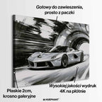 Obraz na płótnie Ferrari LaFerrari – czarno-biała dynamiczna scena supersamochodu jadącego przez tunel, sztuka do biura lub wnętrza pasjonata motoryzacji.
