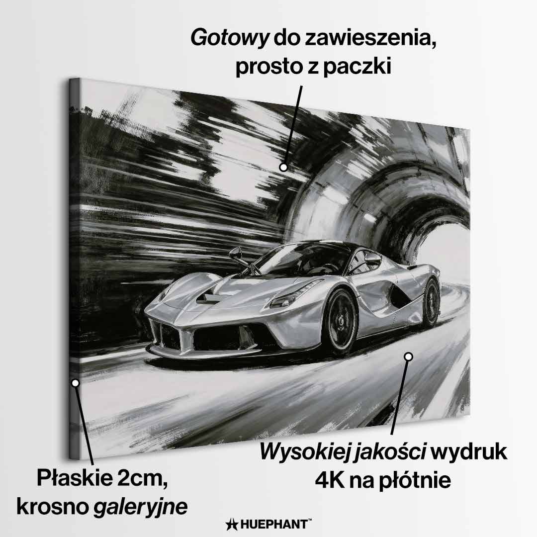 Obraz na płótnie Ferrari LaFerrari – czarno-biała dynamiczna scena supersamochodu jadącego przez tunel, sztuka do biura lub wnętrza pasjonata motoryzacji.