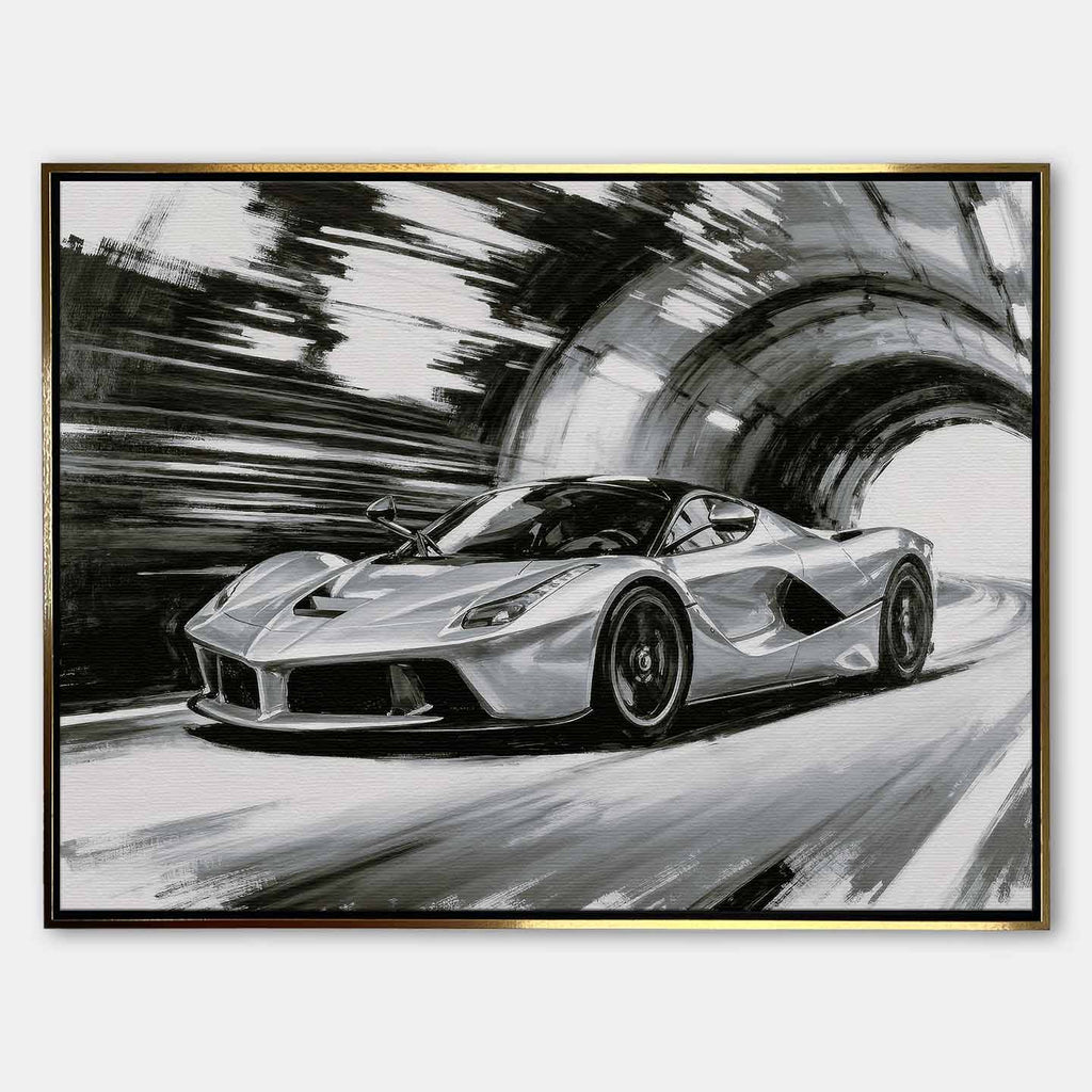 Obraz na płótnie Ferrari LaFerrari – czarno-biała dynamiczna scena supersamochodu jadącego przez tunel, sztuka do biura lub wnętrza pasjonata motoryzacji.