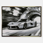 Obraz na płótnie Ferrari LaFerrari – czarno-biała dynamiczna scena supersamochodu jadącego przez tunel, sztuka do biura lub wnętrza pasjonata motoryzacji.
