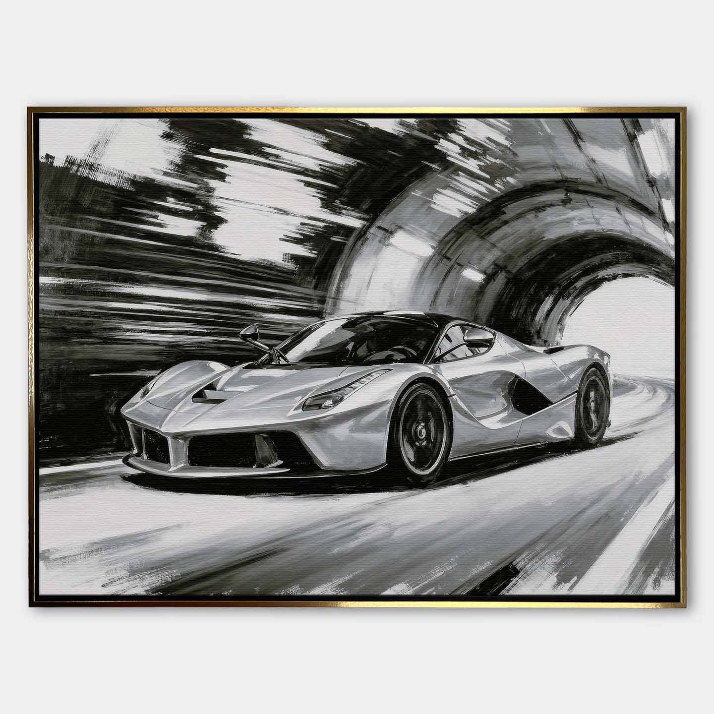 Obraz na płótnie Ferrari LaFerrari – czarno-biała dynamiczna scena supersamochodu jadącego przez tunel, sztuka do biura lub wnętrza pasjonata motoryzacji.
