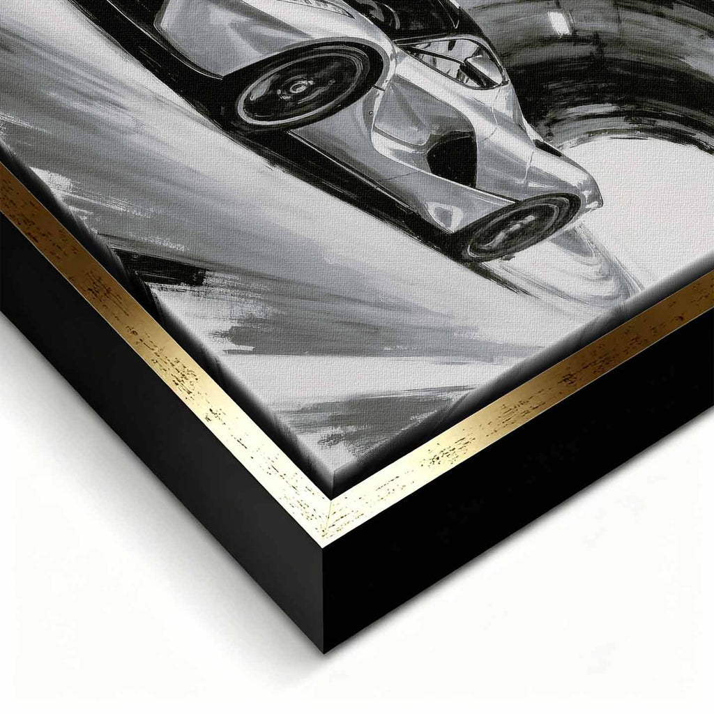 Obraz na płótnie Ferrari LaFerrari – czarno-biała dynamiczna scena supersamochodu jadącego przez tunel, sztuka do biura lub wnętrza pasjonata motoryzacji.