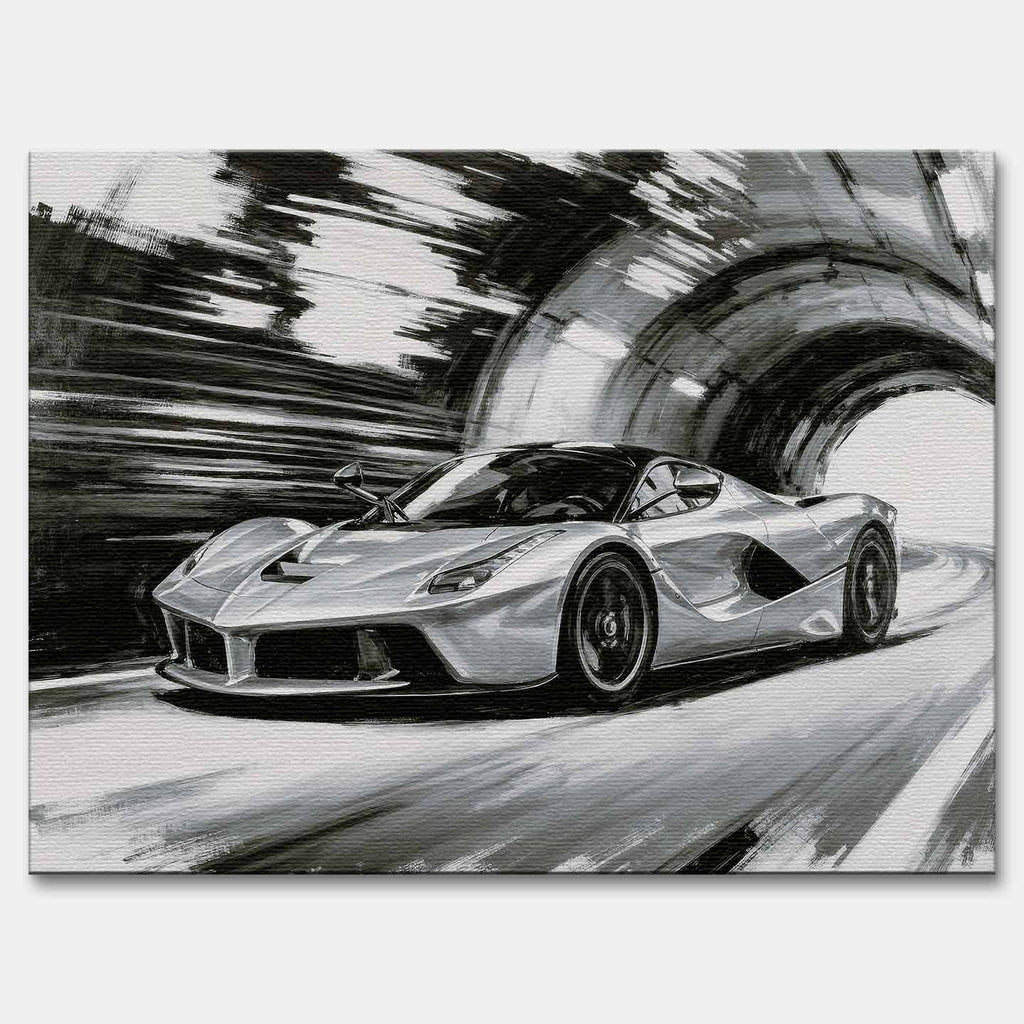 Obraz na płótnie Ferrari LaFerrari – czarno-biała dynamiczna scena supersamochodu jadącego przez tunel, sztuka do biura lub wnętrza pasjonata motoryzacji.