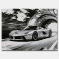 Obraz na płótnie Ferrari LaFerrari – czarno-biała dynamiczna scena supersamochodu jadącego przez tunel, sztuka do biura lub wnętrza pasjonata motoryzacji.