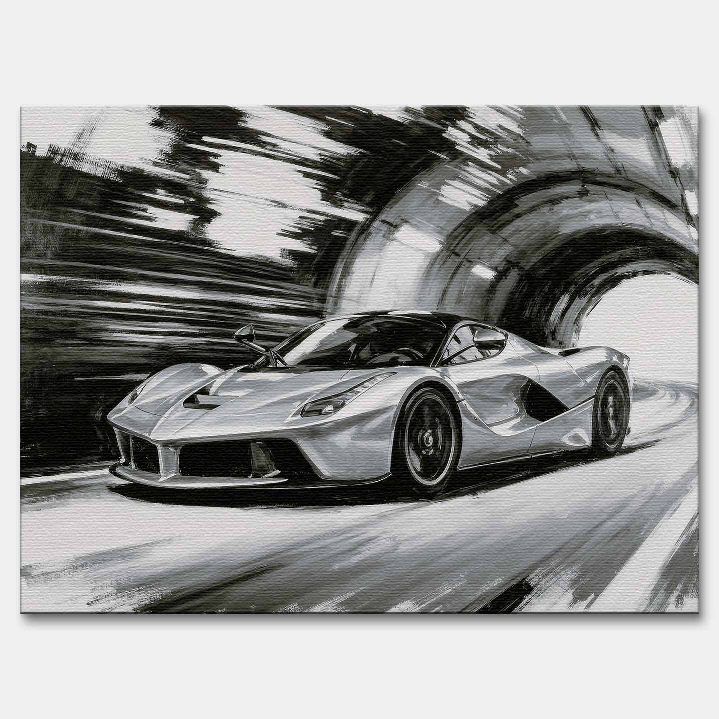 Obraz na płótnie Ferrari LaFerrari – czarno-biała dynamiczna scena supersamochodu jadącego przez tunel, sztuka do biura lub wnętrza pasjonata motoryzacji.