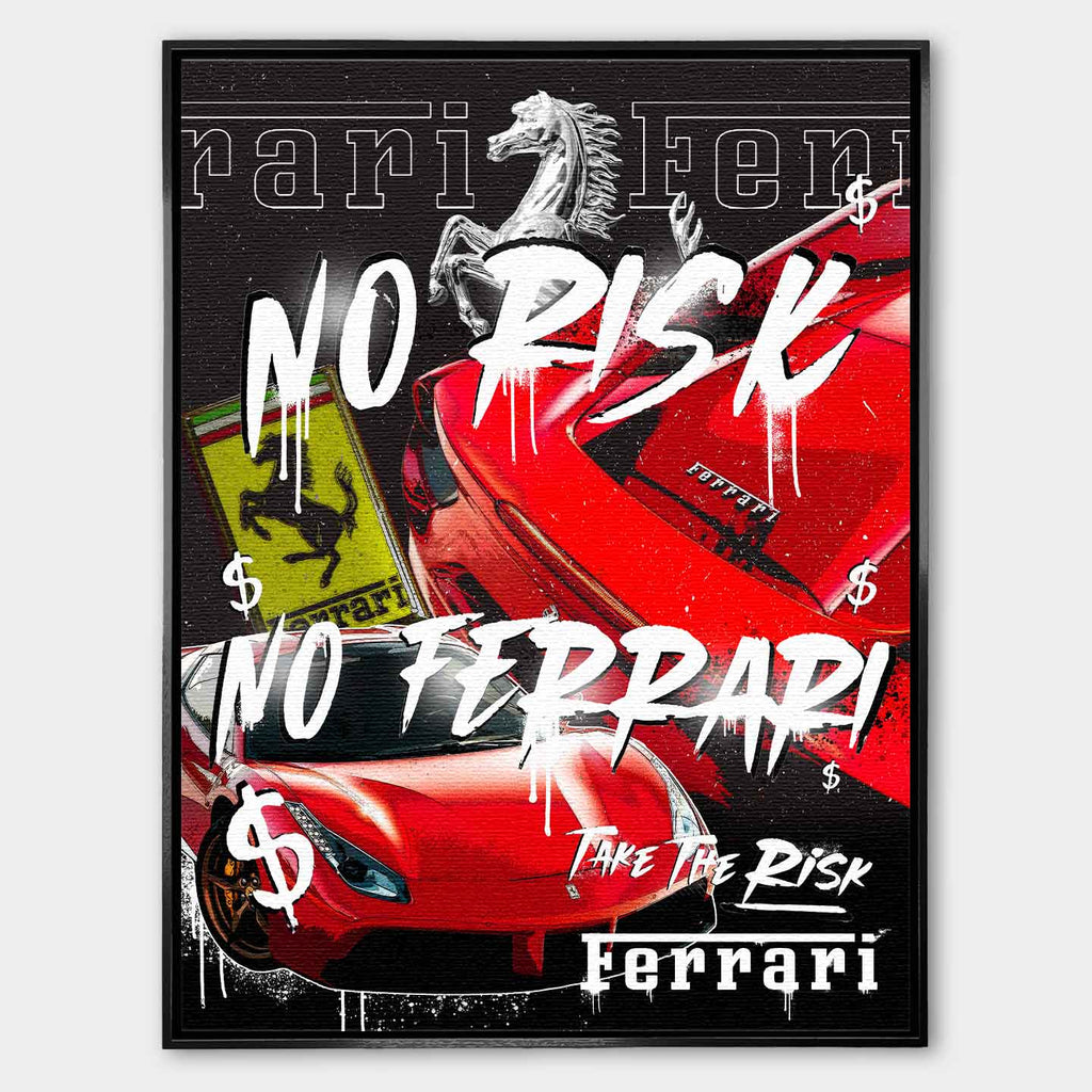 Motywacyjny obraz Ferrari na płótnie No Risk No Ferrari z czerwonym Ferrari i napisem w stylu graffiti, symbolizujący odwagę, ryzyko i dążenie do sukcesu.