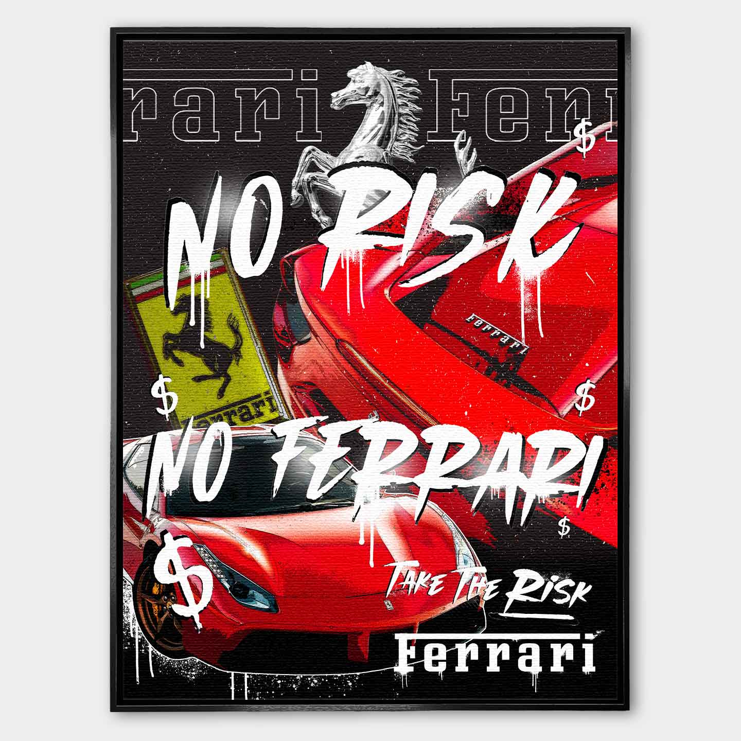 Motywacyjny obraz Ferrari na płótnie No Risk No Ferrari z czerwonym Ferrari i napisem w stylu graffiti, symbolizujący odwagę, ryzyko i dążenie do sukcesu.