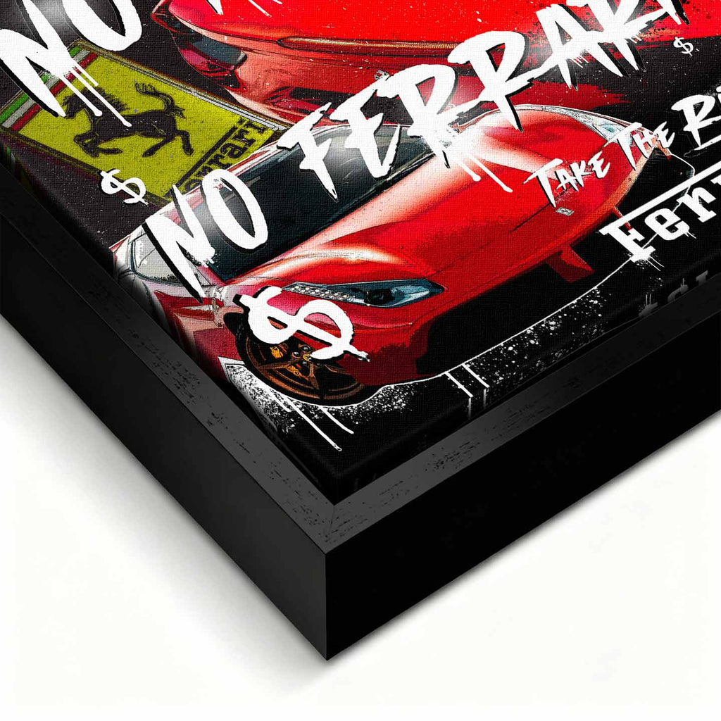 Motywacyjny obraz Ferrari na płótnie No Risk No Ferrari z czerwonym Ferrari i napisem w stylu graffiti, symbolizujący odwagę, ryzyko i dążenie do sukcesu.