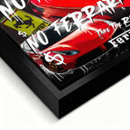 Motywacyjny obraz Ferrari na płótnie No Risk No Ferrari z czerwonym Ferrari i napisem w stylu graffiti, symbolizujący odwagę, ryzyko i dążenie do sukcesu.