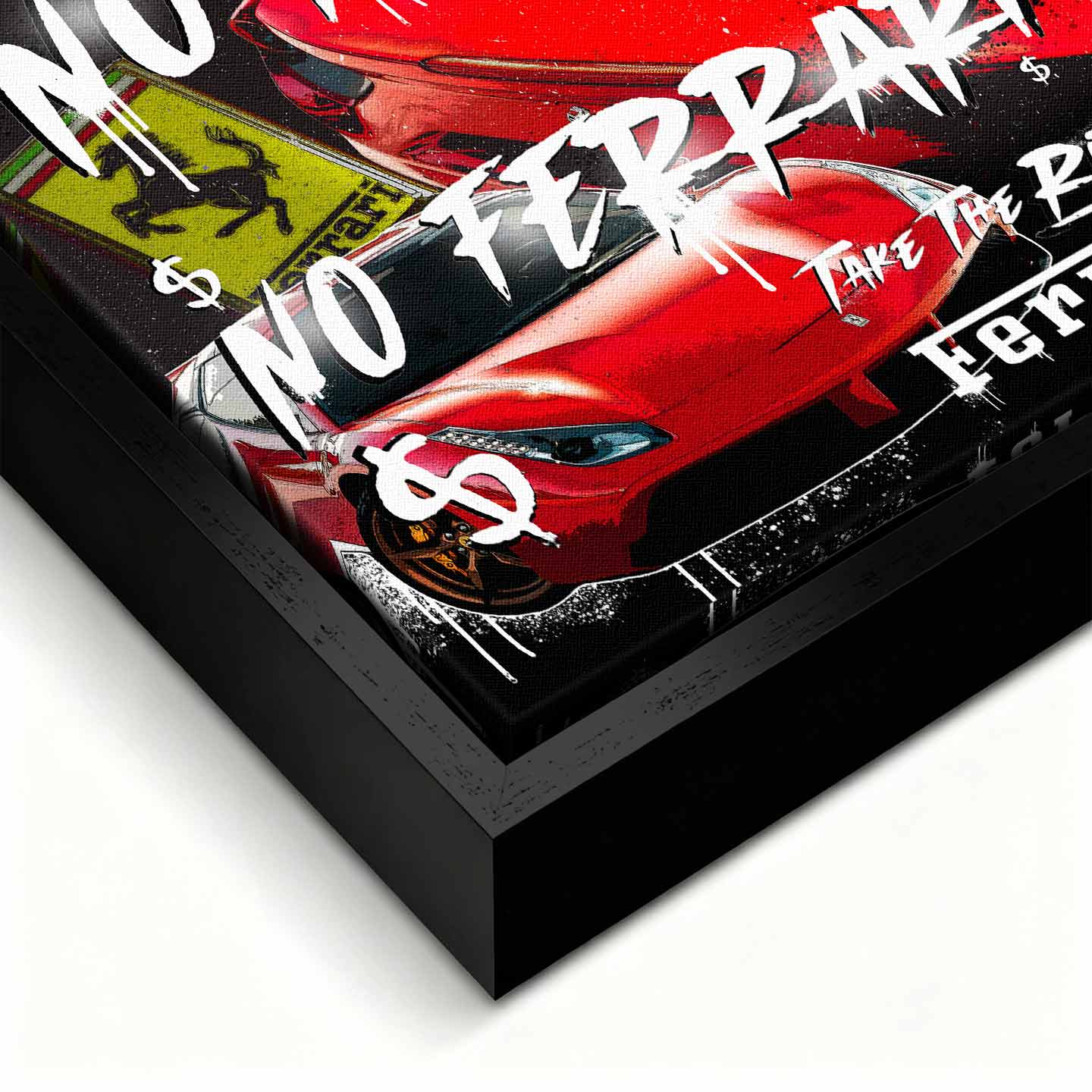 Motywacyjny obraz Ferrari na płótnie No Risk No Ferrari z czerwonym Ferrari i napisem w stylu graffiti, symbolizujący odwagę, ryzyko i dążenie do sukcesu.
