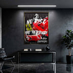 Motywacyjny obraz Ferrari na płótnie No Risk No Ferrari z czerwonym Ferrari i napisem w stylu graffiti, symbolizujący odwagę, ryzyko i dążenie do sukcesu.