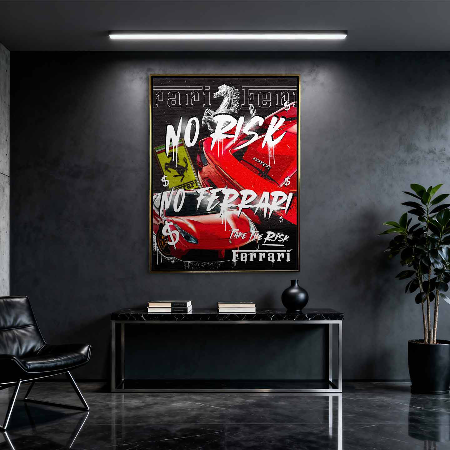 Motywacyjny obraz Ferrari na płótnie No Risk No Ferrari z czerwonym Ferrari i napisem w stylu graffiti, symbolizujący odwagę, ryzyko i dążenie do sukcesu.