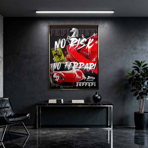 Motywacyjny obraz Ferrari na płótnie No Risk No Ferrari z czerwonym Ferrari i napisem w stylu graffiti, symbolizujący odwagę, ryzyko i dążenie do sukcesu.