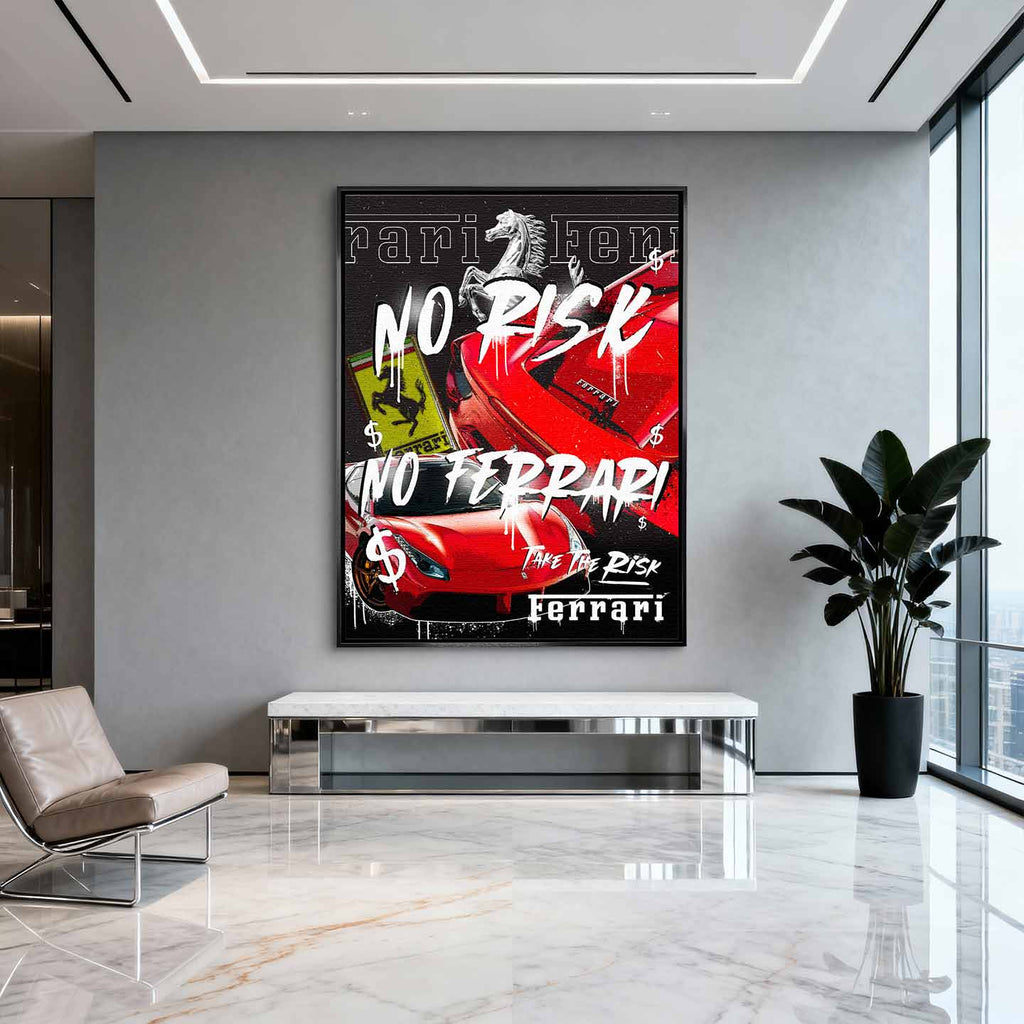 Motywacyjny obraz Ferrari na płótnie No Risk No Ferrari z czerwonym Ferrari i napisem w stylu graffiti, symbolizujący odwagę, ryzyko i dążenie do sukcesu.