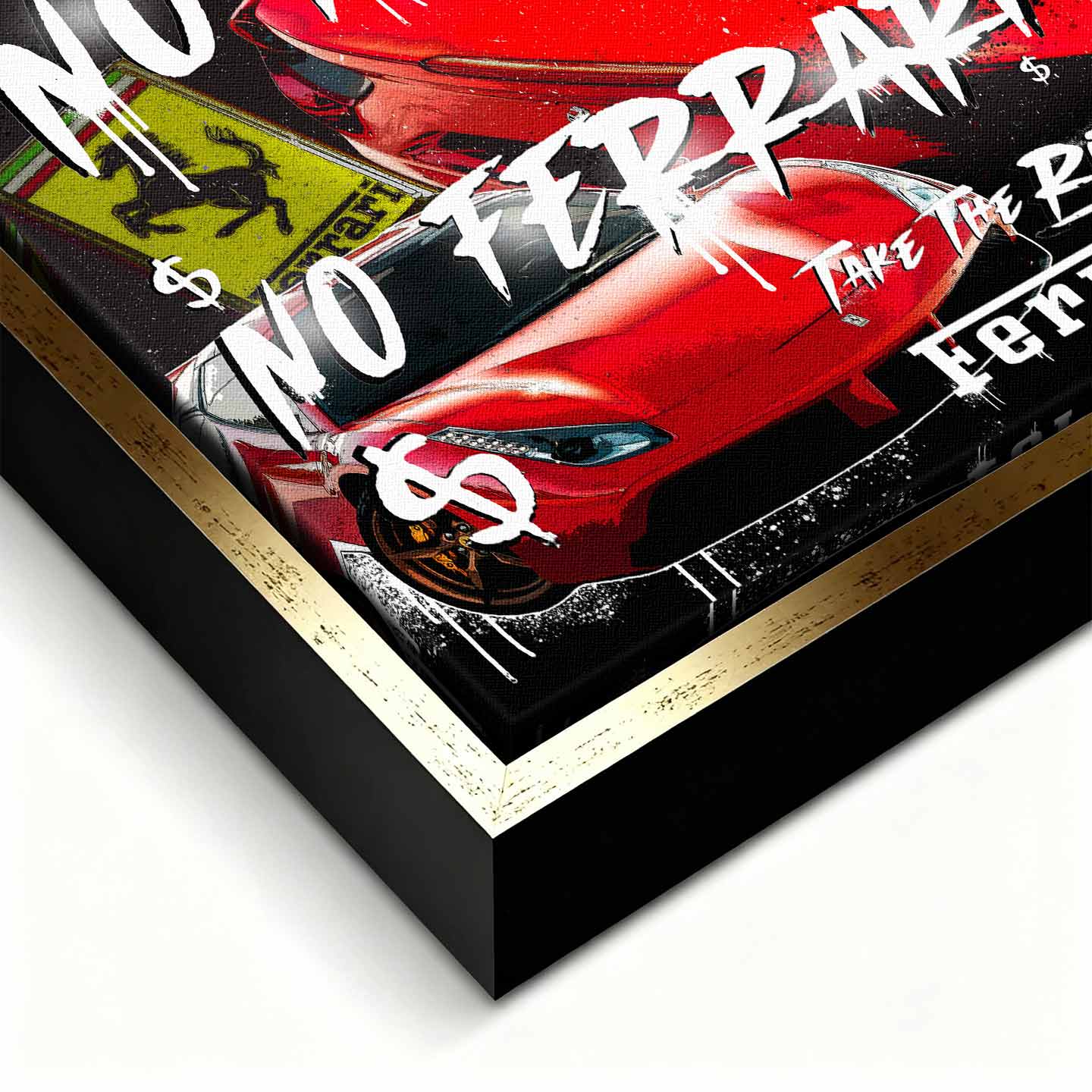 Motywacyjny obraz Ferrari na płótnie No Risk No Ferrari z czerwonym Ferrari i napisem w stylu graffiti, symbolizujący odwagę, ryzyko i dążenie do sukcesu.