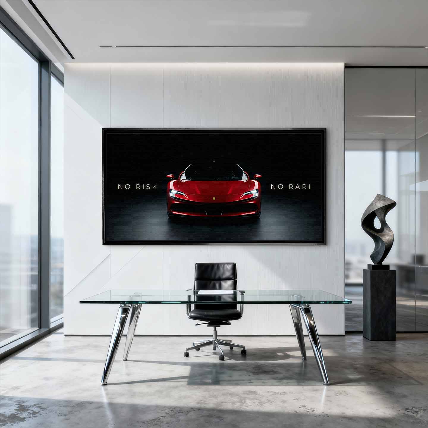 Obraz na płótnie No Risk No Rari z czerwonym Ferrari SF90 widzianym od przodu, na czarnym tle, z napisem „No Risk No Rari”, symbol odwagi, ambicji i luksusowej motoryzacji.