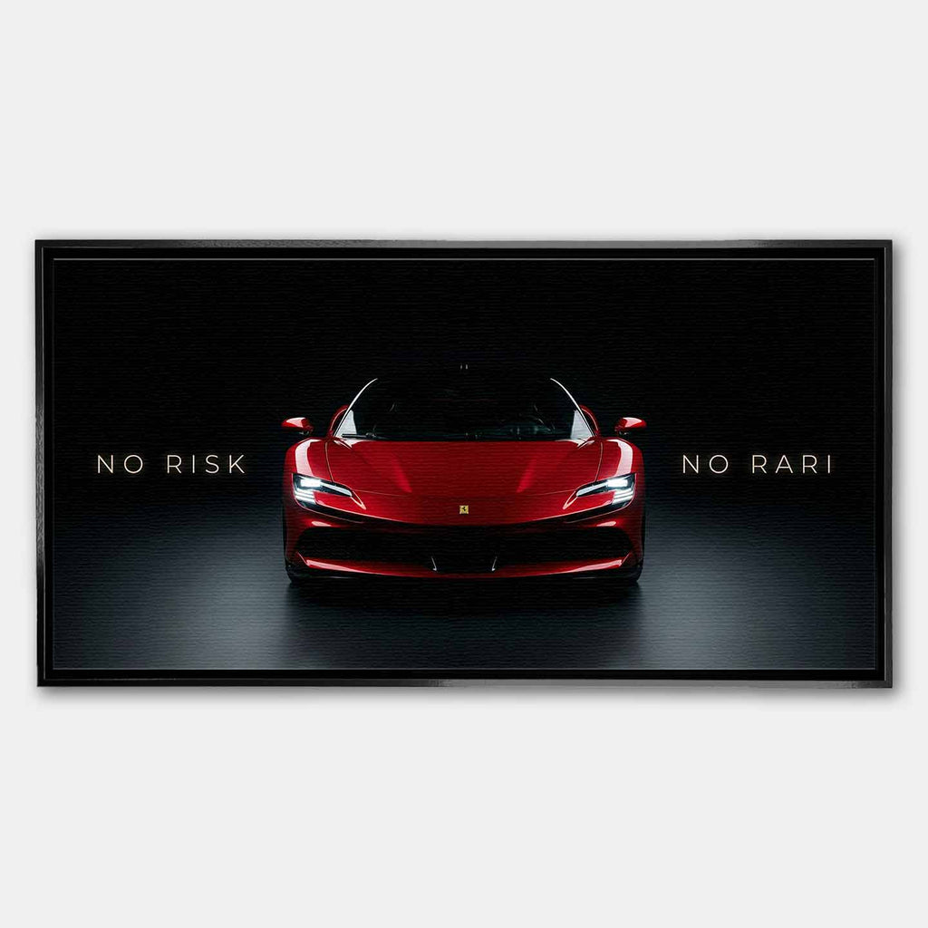 Obraz na płótnie No Risk No Rari z czerwonym Ferrari SF90 widzianym od przodu, na czarnym tle, z napisem „No Risk No Rari”, symbol odwagi, ambicji i luksusowej motoryzacji.
