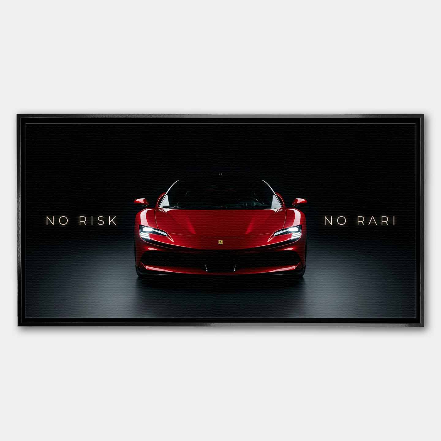 Obraz na płótnie No Risk No Rari z czerwonym Ferrari SF90 widzianym od przodu, na czarnym tle, z napisem „No Risk No Rari”, symbol odwagi, ambicji i luksusowej motoryzacji.