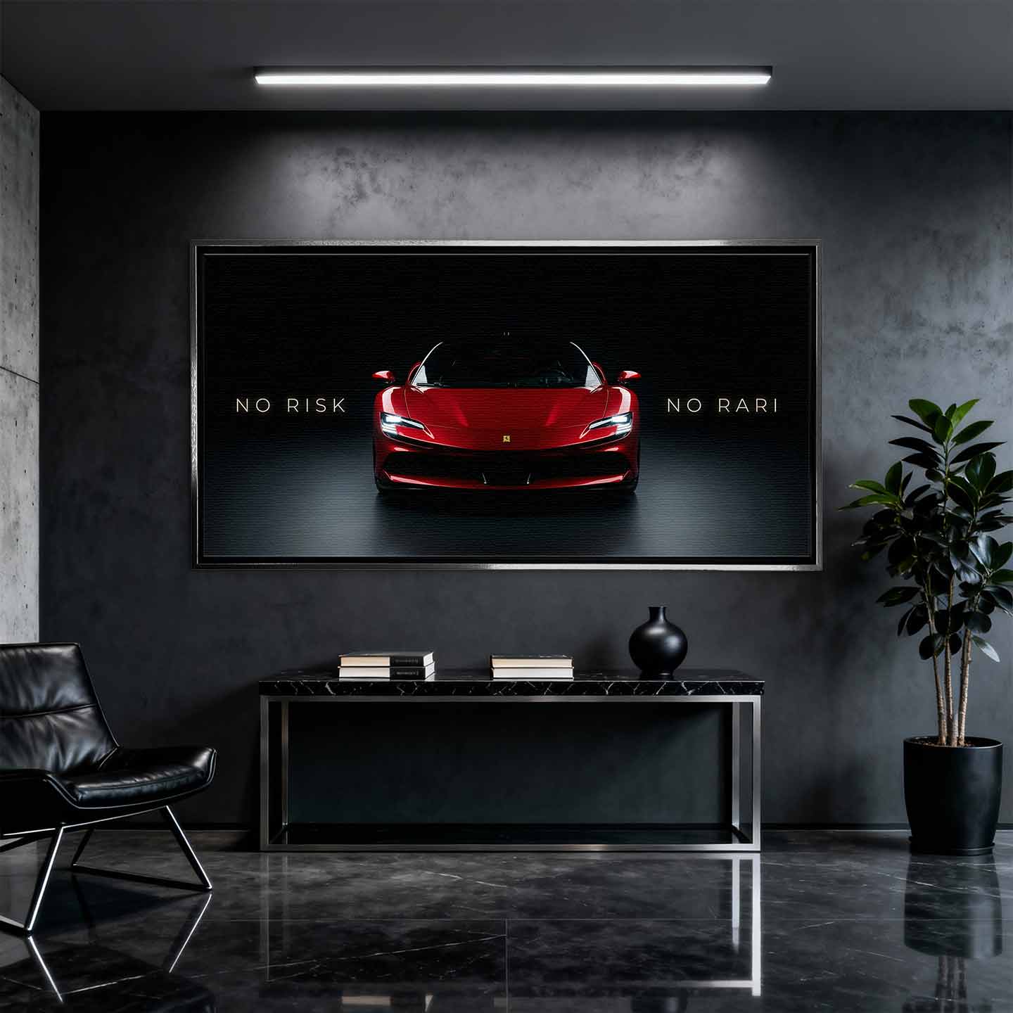 Obraz na płótnie No Risk No Rari z czerwonym Ferrari SF90 widzianym od przodu, na czarnym tle, z napisem „No Risk No Rari”, symbol odwagi, ambicji i luksusowej motoryzacji.