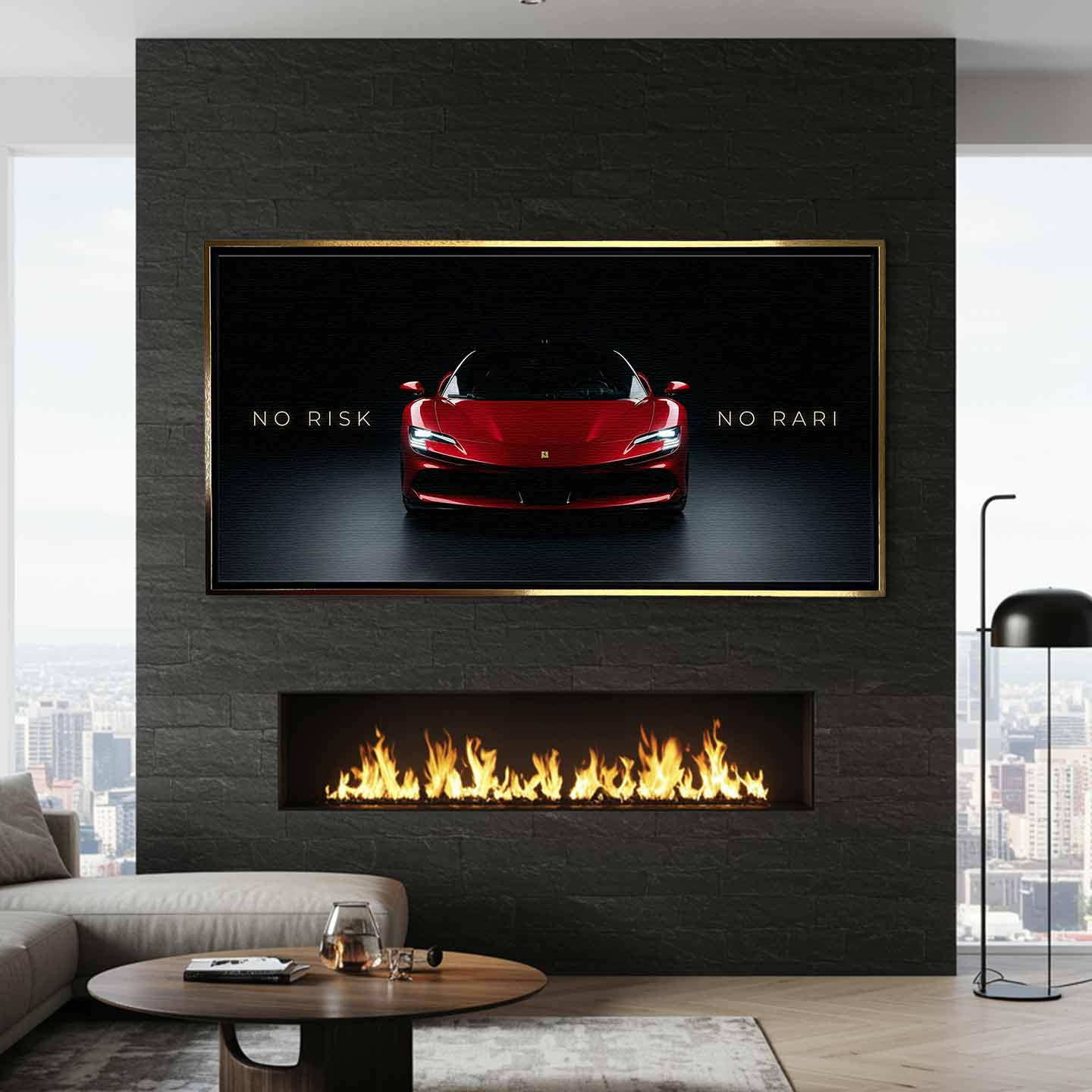 Obraz na płótnie No Risk No Rari z czerwonym Ferrari SF90 widzianym od przodu, na czarnym tle, z napisem „No Risk No Rari”, symbol odwagi, ambicji i luksusowej motoryzacji.