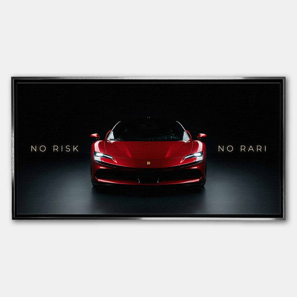 Obraz na płótnie No Risk No Rari z czerwonym Ferrari SF90 widzianym od przodu, na czarnym tle, z napisem „No Risk No Rari”, symbol odwagi, ambicji i luksusowej motoryzacji.
